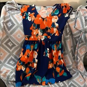 Floral V-Neck Women's Dress - Blue and Orange